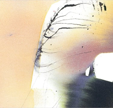 Yuge Kurt, fragment of watercolor painting in art gallery. Portrait. Earthy muted tones.