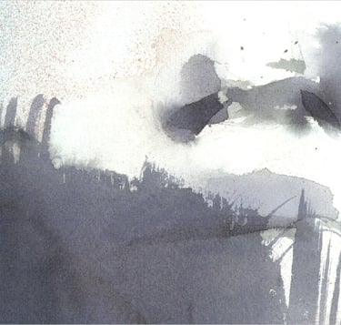 Yuge Kurt, fragment of watercolor painting in art gallery. Portrait. Blue, yellow tones