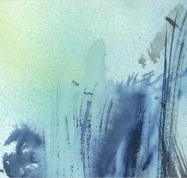 Yuge Kurt, fragment of watercolor painting in art gallery. Portrait. Blue, yellow tones