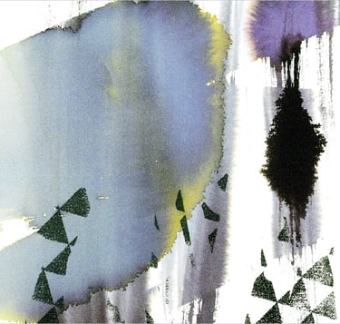 Yuge Kurt, fragment of watercolor painting in art gallery. Abstract flowers. Calligraphy