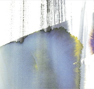 Yuge Kurt, fragment of watercolor painting in art gallery. Abstract flowers. Calligraphy