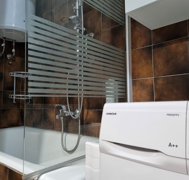 The photo shows a shower in a bathtub, a washing machine and a cabinet in the apartment bathroom.