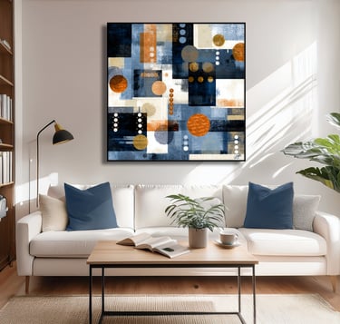 a living room with a couch and a coffee table with abstractframed wall art in blues, beige and golds