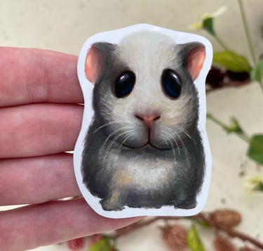 A vinyl sticker of a cute big eyed grey guinea pig 