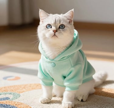 A cute white cat with blue eyes wearing a mint green fleece hoodie sitting on a rug.