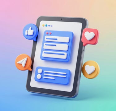 3D social media marketing icons showing likes, hearts, and messages floating around a digital tablet.