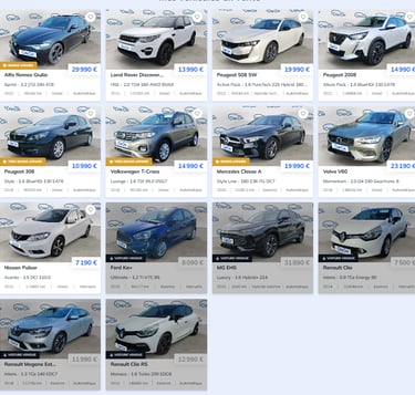 Catalogue de voitures d’occasion avec photos, prix, modèles et labels comme Très bonne affaire