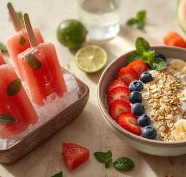 Fresh watermelon popsicles on ice next to a yogurt bowl with berries, bananas, and oats for a healthy summer breakfast.