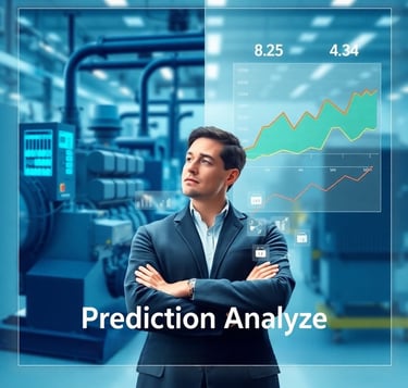 Мужчина в костюме и галстуке стоит перед большим экраном c предикативной аналитикой в индустрии 4.0