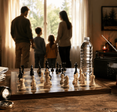 A cinematic chessboard with survival preparedness items symbolizing strategic thinking and risk management.