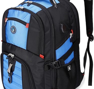 Durable blue and black laptop backpack with multiple compartments and USB charging port for travel and school.