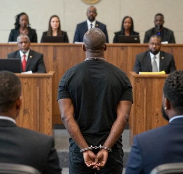 Handcuffed defendant in a courtroom hearing with legal counsel and jury in the background.