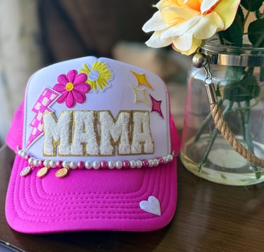 pink mama hat with flowers and sparkle