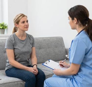 Doctor consults with mother and child in office.