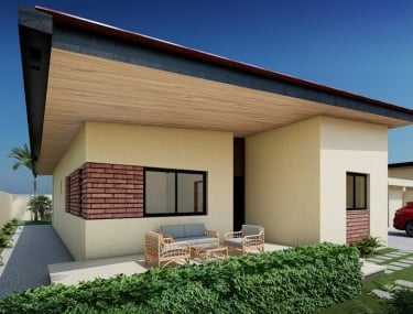 Bungalow moderne de plain-pied avec toit plat, mobilier de terrasse et briques.