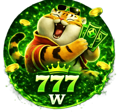 Lucky tiger mascot holding money with 777 casino slot jackpot symbols in a green fire aura.