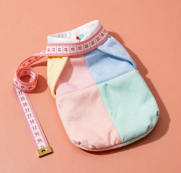 Una bolsa de tela de patchwork de pasteles coloridos siendo medida con una cinta métrica flexible 