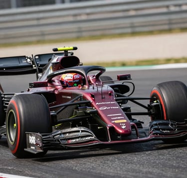 A sophisticated, high-speed action shot of a Formula One car mid-corner, focusing on the shimmering deep red and dark gray carbon fiber bodywork under bright stadium lights. The composition is dynamic with a shallow depth of field, highlighting the precision of the front wing. North American / US motorsport setting.
