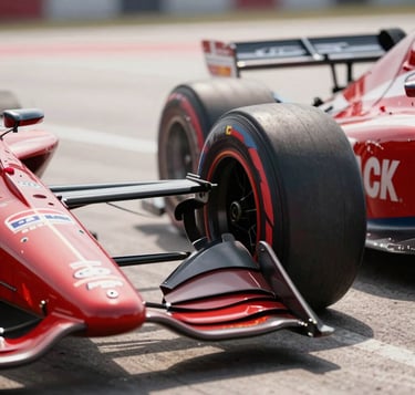 A close-up, low-angle photograph of an IndyCar's tire and suspension during a high-stakes pit stop. Dramatic lighting captures the raw energy and heat haze. The color palette features deep reds and metallic grays against an off-white concrete pit lane. Professional motorsport photography style in a North American / US context.