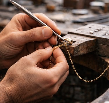 Jeweler's hands using precision tools to repair a gold chain necklace at a wooden workbench.