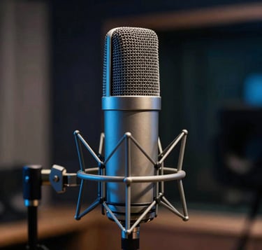 A high-end studio microphone in a professional recording booth. The scene is shot in a dark, cinematic style with cool deep blue lighting highlights catching the metallic textures. The background is softly blurred to emphasize the premium equipment. International / Global professional setting.