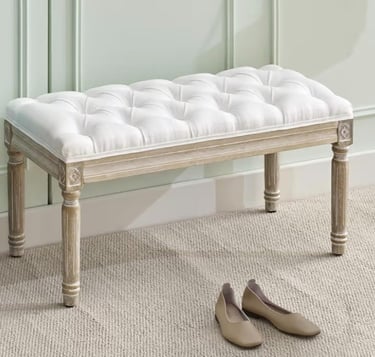 Upholstered Tufted End of Bed Bench with Brushed Wood Legs, White