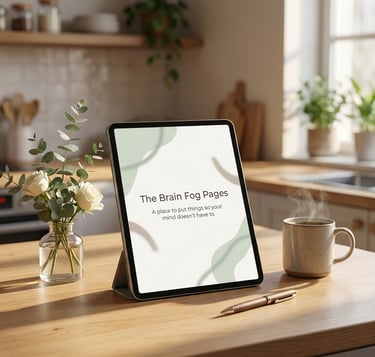 A digital planner on a tablet displaying The Brain Fog Pages on a kitchen counter with a cup of coffee.