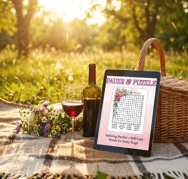 Digital tablet showing a self-care word search puzzle next to wine and a picnic basket in a sunny park.