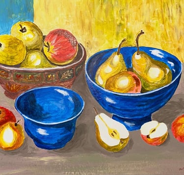 Original painting depicting colorful ceramic vessels and fruit arranged in a still life.