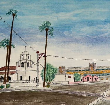Original watercolor painting depicting a quiet desert street intersection in Scottsdale, AZ 