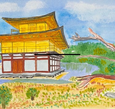 Original painting depicting the Golden Pavilion reflected in calm water within a landscaped setting.
