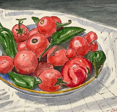 Original watercolor still life painting of tomatoes and peppers in a bowl, celebrating summer.