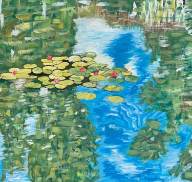 Original painting depicting water lilies reflected on the surface of still water.