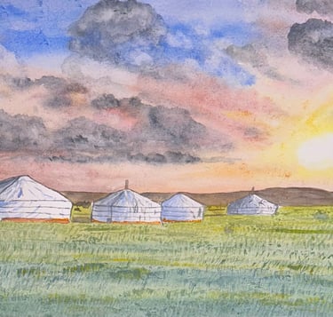 Original watercolor painting depicting yurts at sunset under a broad sky.