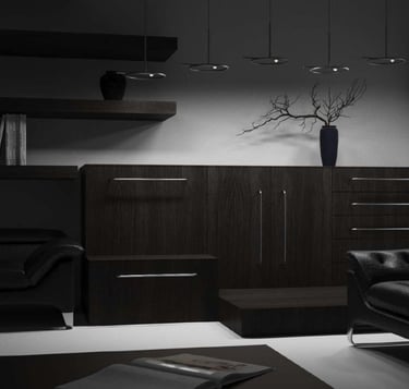 foto comedor en blanco y negro con iluminación de techo