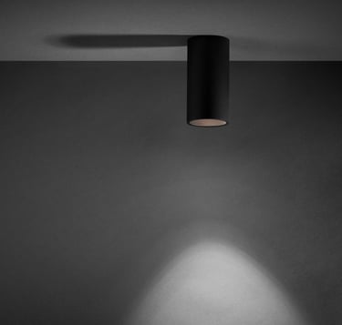 Foco de superficie cilíndrico LOB negro, con luz puntual directa de techo