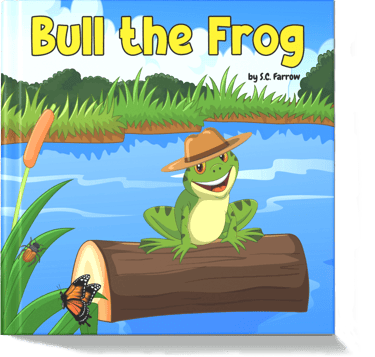 A colourful children's book cover featuring a bright green frog wearing a wide-brimmed hat as he sits on a log in a pond