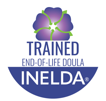 Official INELDA trained end-of-life doula certification badge featuring a purple flower logo.