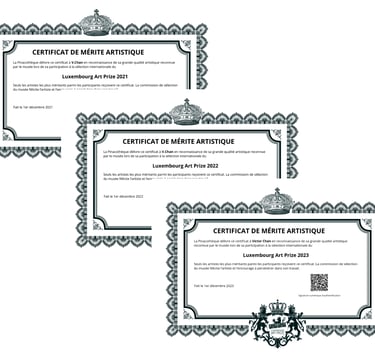 Certificats de Mérite Artistique 2021, 2022, 2023 Luxembourg Art Prize
