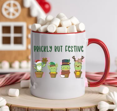 White mug with red rim and “Prickly but Festive” cacti — funny cactus Christmas mug by Miss Chatty Plants