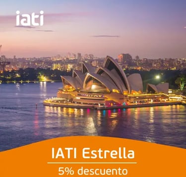 Sydney Opera House illuminated at twilight with city skyline and IATI travel insurance discount text.