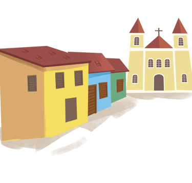 imagem de uma cidade de casas coloridas e uma igreja ao fundo