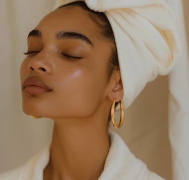 A woman with glowing skin and freckles wearing a white spa bathrobe and head towel wrap.