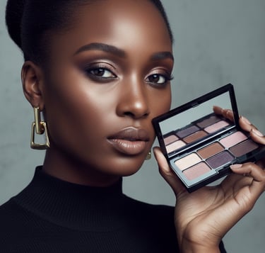 A Black woman with elegant makeup holding a shimmer and matte eyeshadow palette for dark skin tones.