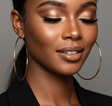 Black woman with glowing makeup, metallic gold eyeshadow, and large hoop earrings.