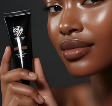 A woman with radiant skin holding a tube of Yeshua Skin Cosmetics full coverage foundation.