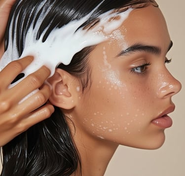 A woman washing her dark hair with white foaming shampoo for scalp care and hair hydration.