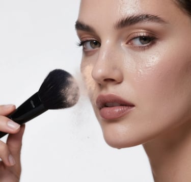 A woman applying setting powder with a large makeup brush for a flawless matte finish.