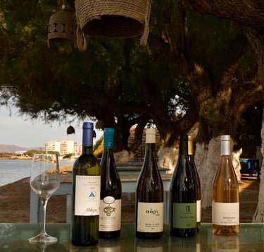 a table with greek wine bottles and wine glasses near the sea