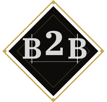 Elegant B2B business logo with white serif typography inside a gold-rimmed diamond frame on a black background.